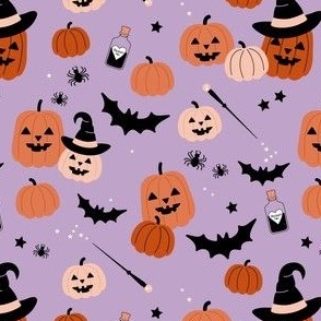 Magic pumpkin patch witches magic wand and creepy animals bats and spiders orange on lilac purple