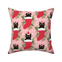 Cute black cat in Christmas stocking blush pink xmas fabric WB22