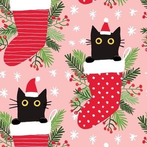 Cute black cat in Christmas stocking blush pink xmas fabric WB22