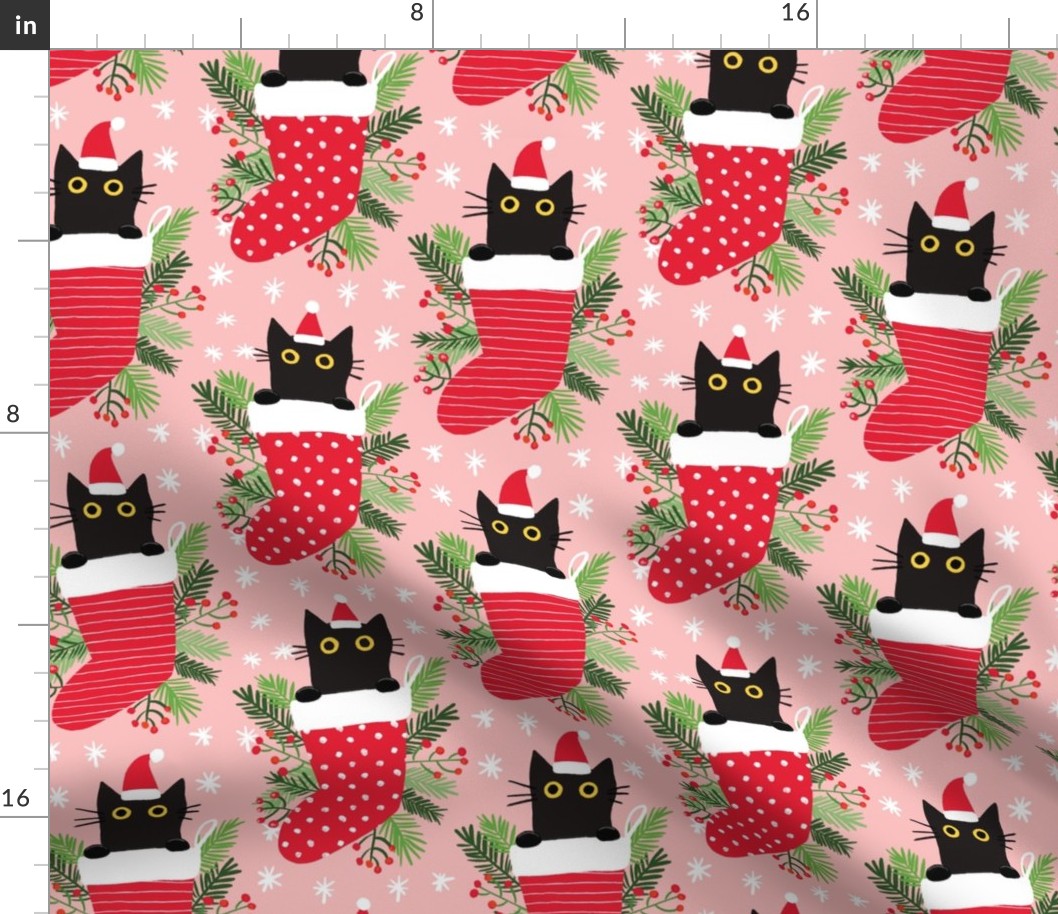 Cute black cat in Christmas stocking blush pink xmas fabric WB22