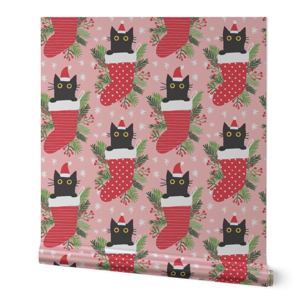 Cute black cat in Christmas stocking xmas fabric  small scale WB22