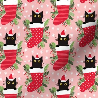 Cute black cat in Christmas stocking xmas fabric  small scale WB22