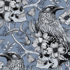 Raven, scull and flowers - blue, slate