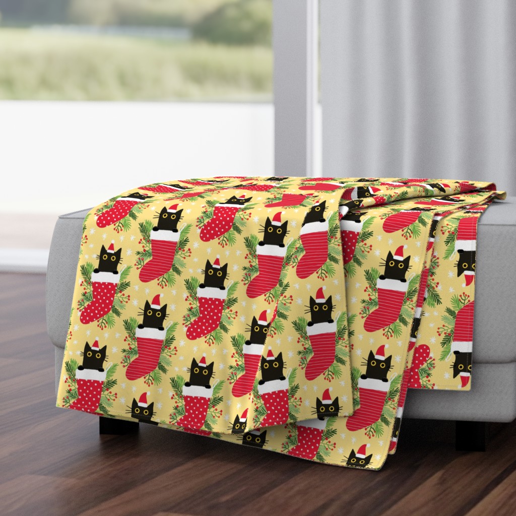 Cute black cat in Christmas stocking yellow xmas fabric WB22