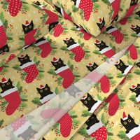 Cute black cat in Christmas stocking yellow xmas fabric WB22