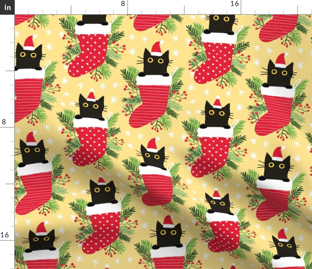 Cute black cat in Christmas stocking yellow xmas fabric WB22