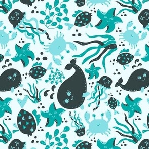 Teal green Ocean animals - Large Scale