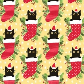 Cute black cat in Christmas stocking yellow xmas fabric WB22 small scale