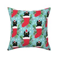 Cute black cat in Christmas stocking turquoise xmas fabric WB22