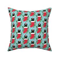 Cute black cat in Christmas stocking turquoise xmas fabric WB22 small scale