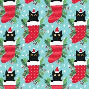 Cute black cat in Christmas stocking turquoise xmas fabric WB22 small scale