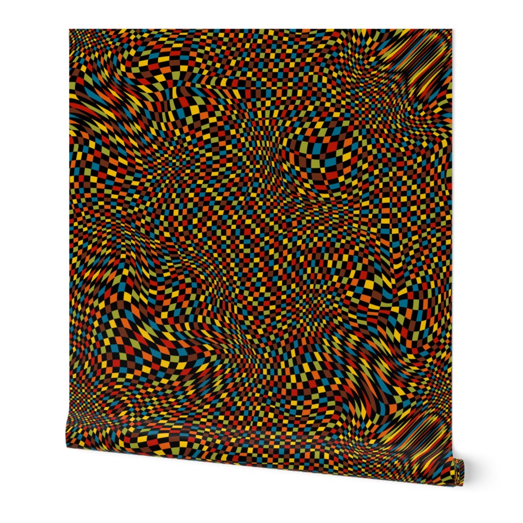 trippy black and 70s colors checkerboard