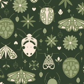 Medium - Green retro bugs pattern: insects, butterflies and flowers