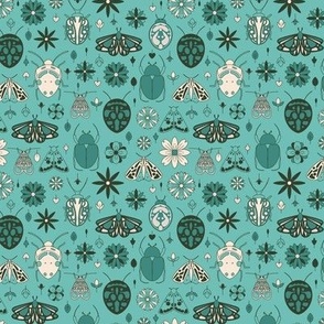 Mini - Turquoise Blue retro bugs pattern: insects, butterflies and flowers