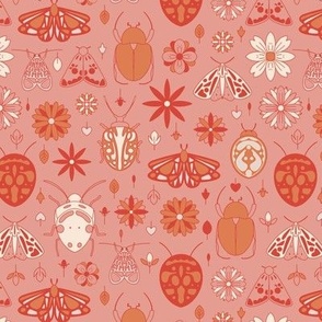 Small - Orange and Pink retro bugs pattern: insects, butterflies and flowers