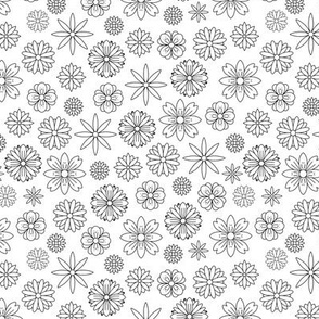 Small - Retro flowers in Monochrome Black and white pattern