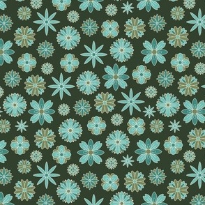 Small - Retro flowers in Turquoise, Dark green & Olive pattern 