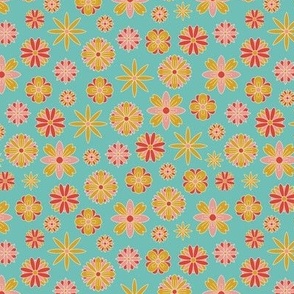 Small - Retro flowers in Turquoise, yellow and pink pattern