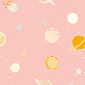 galaxy with stars and planets, pink and cream