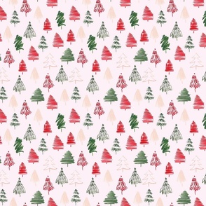 Small Christmas Trees with pink background, modern vintage holiday pattern