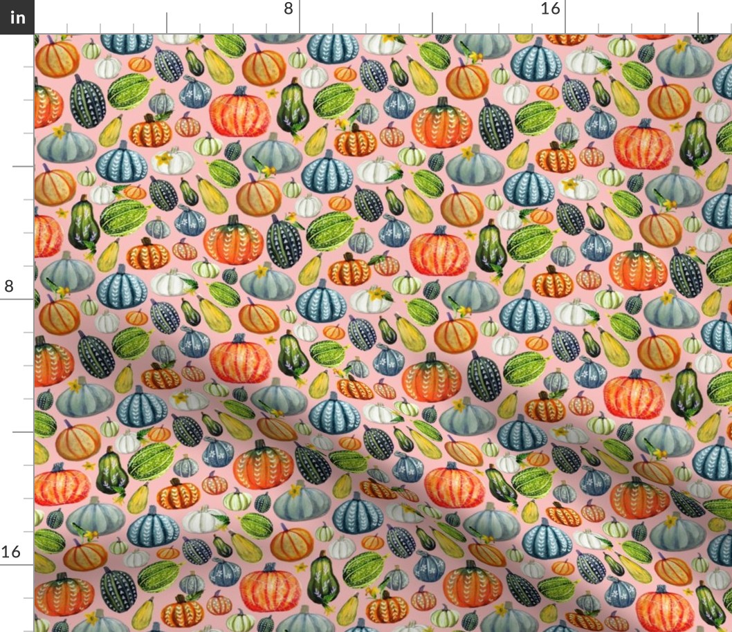   Harvest pumpkins and gourds on pink , perfect for Autumn and Fall or Halloween sewing and decor