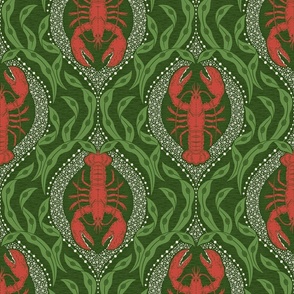2 directional - Lobster and Seaweed Nautical Damask - green red - medium scale