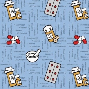 Pharmacist, PharmD,  blue, pills,  medicine, illustrated 6 " repeat