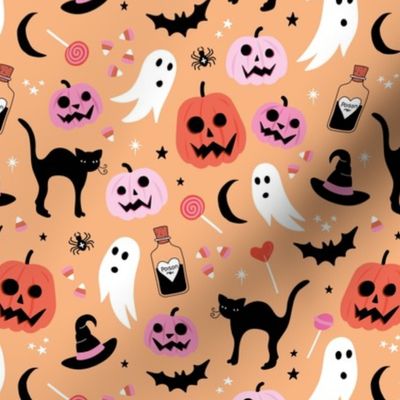 Black cats ghosts and pumpkins scary retro style kids halloween style fright night design orange pink on peach apricot blush girls palette