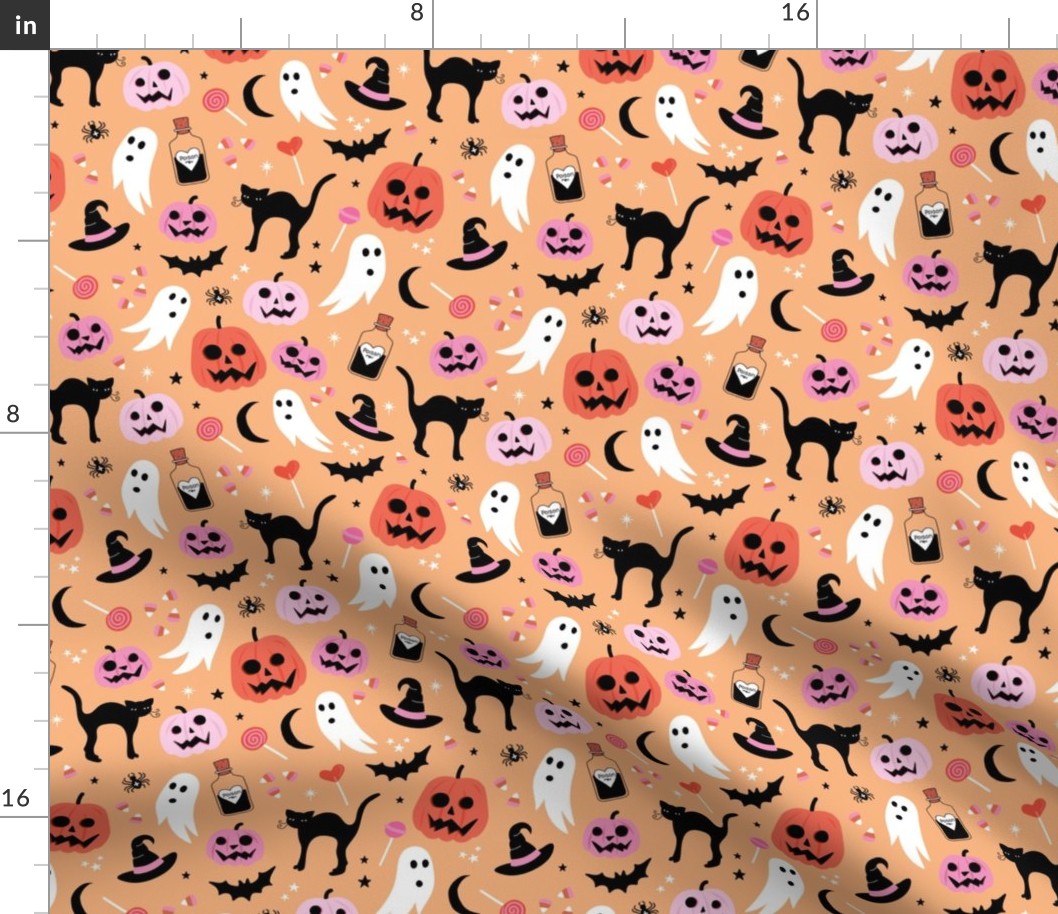 Black cats ghosts and pumpkins scary retro style kids halloween style fright night design orange pink on peach apricot blush girls palette