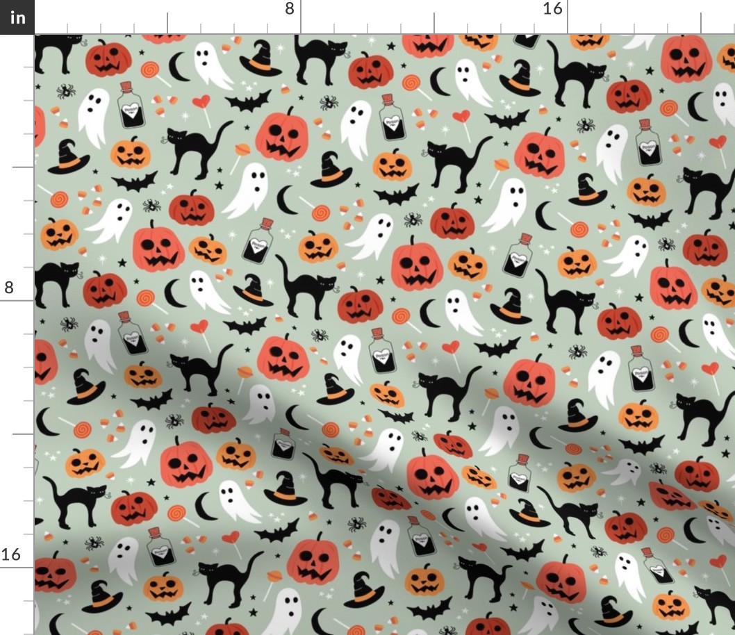 Black cats ghosts and pumpkins scary retro style kids halloween style fright night design orange vintage red on sage green