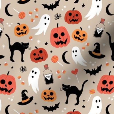 Black cats ghosts and pumpkins scary retro style kids halloween style fright night design orange vintage red on tan beige seventies palette 