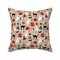 Black cats ghosts and pumpkins scary retro style kids halloween style fright night design orange vintage red on tan beige seventies palette 