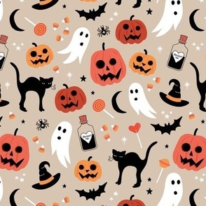 Black cats ghosts and pumpkins scary retro style kids halloween style fright night design orange vintage red on tan beige seventies palette 