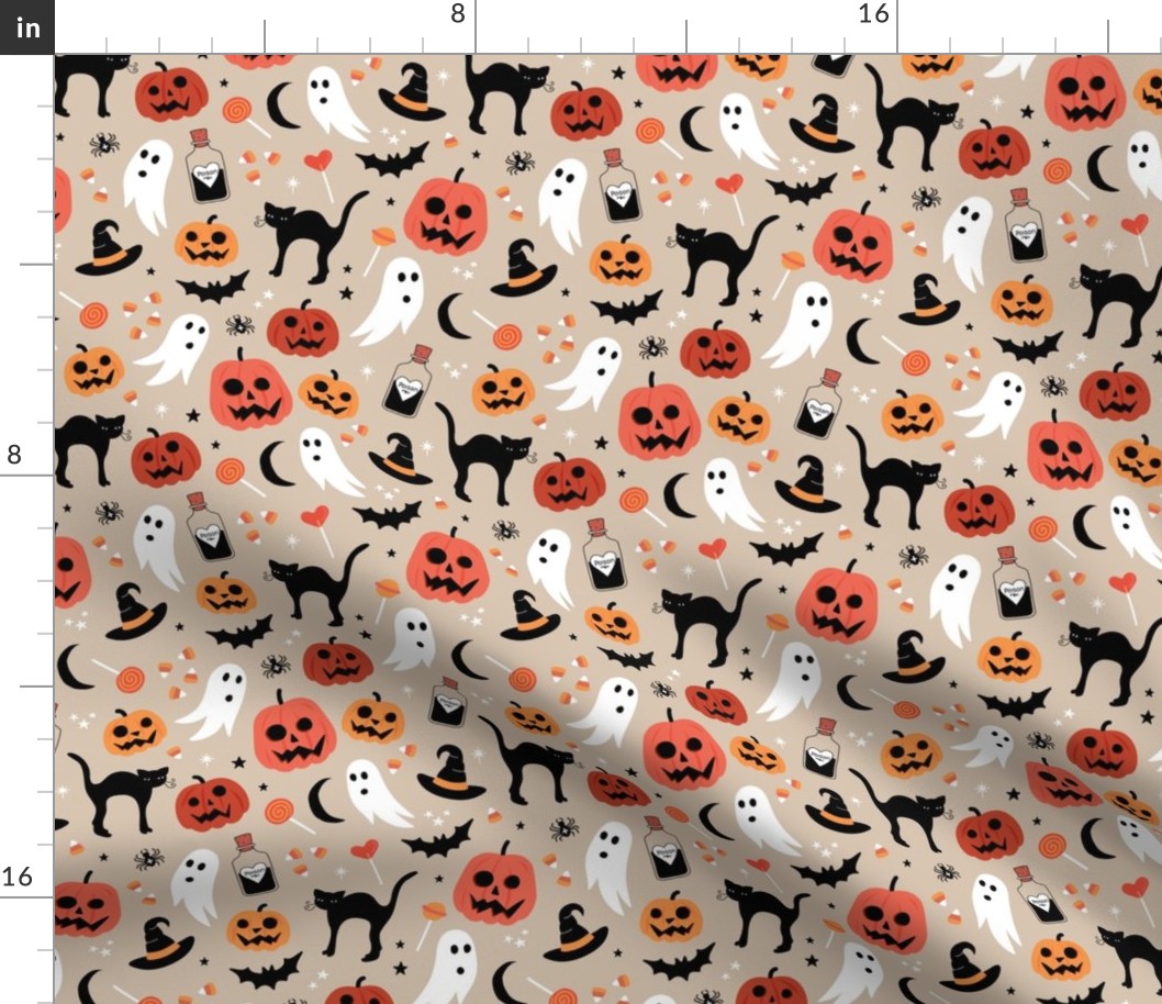 Black cats ghosts and pumpkins scary retro style kids halloween style fright night design orange vintage red on tan beige seventies palette 