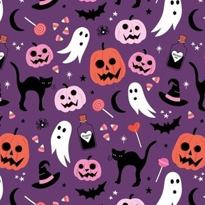 Black cats ghosts and pumpkins scary retro style kids halloween style fright night design orange pink on purple