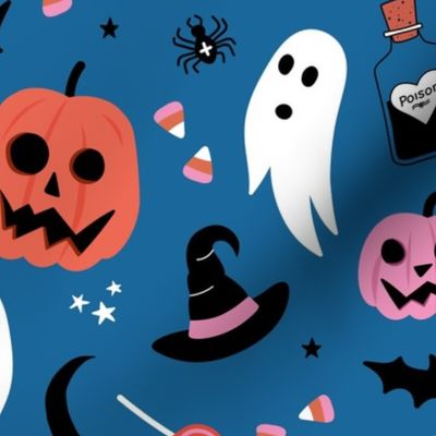 Black cats ghosts and pumpkins scary retro style kids halloween style fright night design orange pink on classic blue