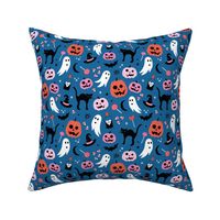 Black cats ghosts and pumpkins scary retro style kids halloween style fright night design orange pink on classic blue