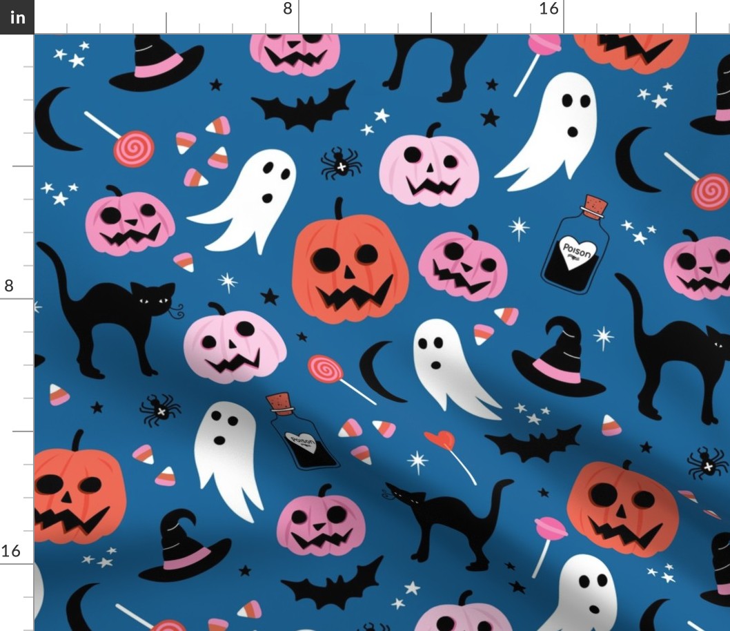 Black cats ghosts and pumpkins scary retro style kids halloween style fright night design orange pink on classic blue