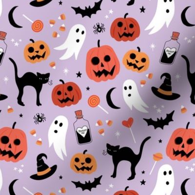 Black cats ghosts and pumpkins scary retro style kids halloween style fright night design orange lilac