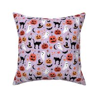 Black cats ghosts and pumpkins scary retro style kids halloween style fright night design orange lilac