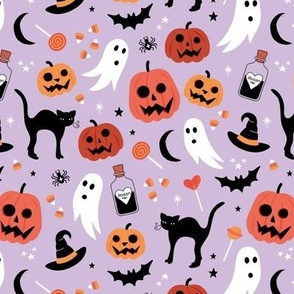 Black cats ghosts and pumpkins scary retro style kids halloween style fright night design orange lilac