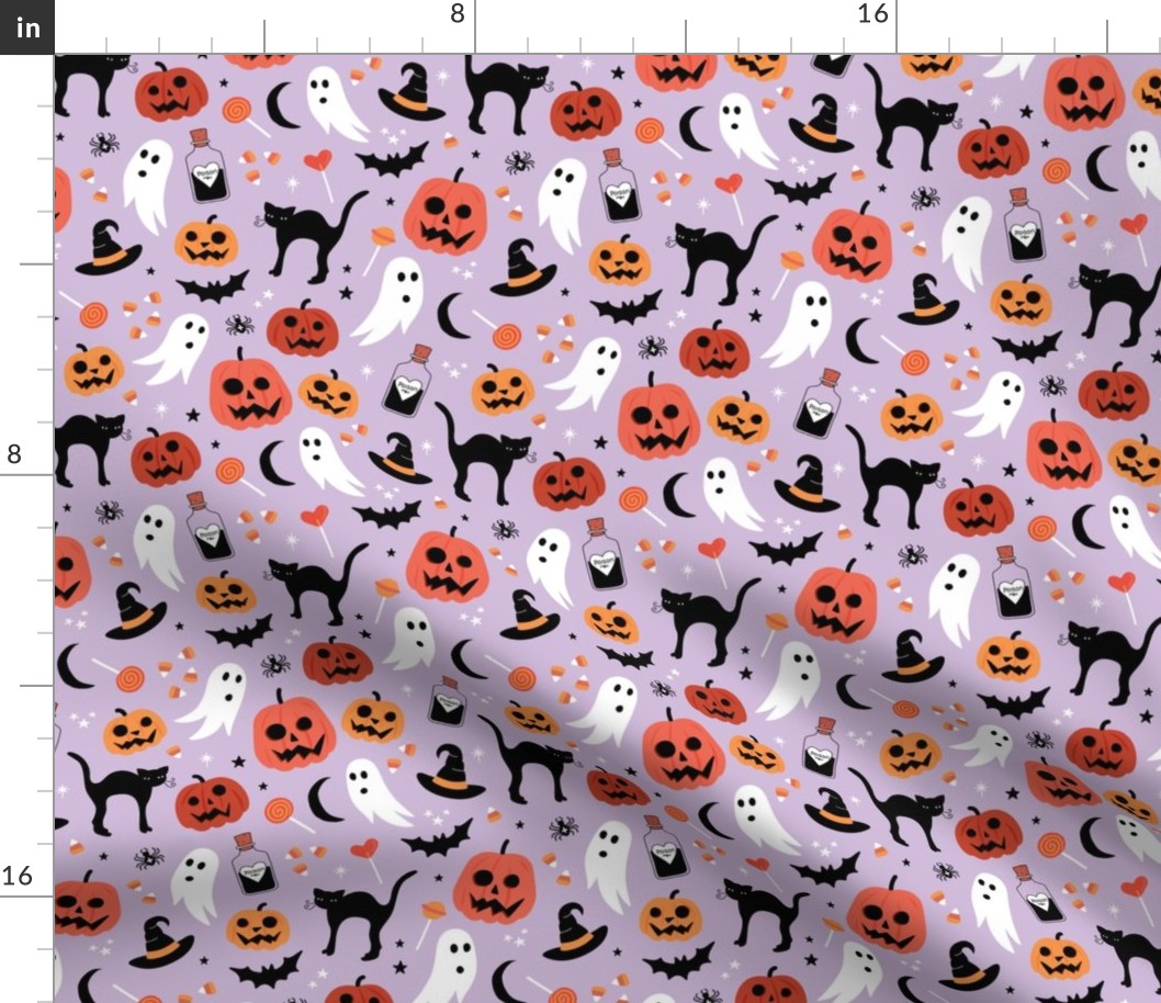 Black cats ghosts and pumpkins scary retro style kids halloween style fright night design orange lilac