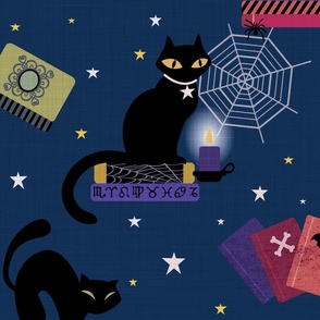 Black Cats and Spooky Books Midnight Blue - XL
