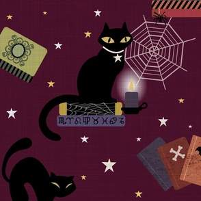 Black Cats and Spooky Books Burgundy - XL
