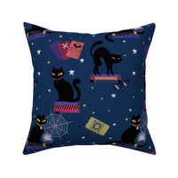Black Cats and Spooky Books Midnight Blue