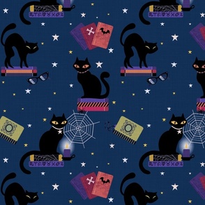 Black Cats and Spooky Books Midnight Blue