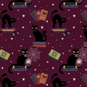 Black Cats and Spooky Books Burgundy