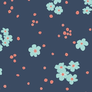 Retro Forget-me-not Flower on Oxford Blue | Large Scale