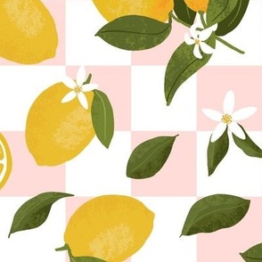 (large) Yellow lemons on pink and white checks, large scale