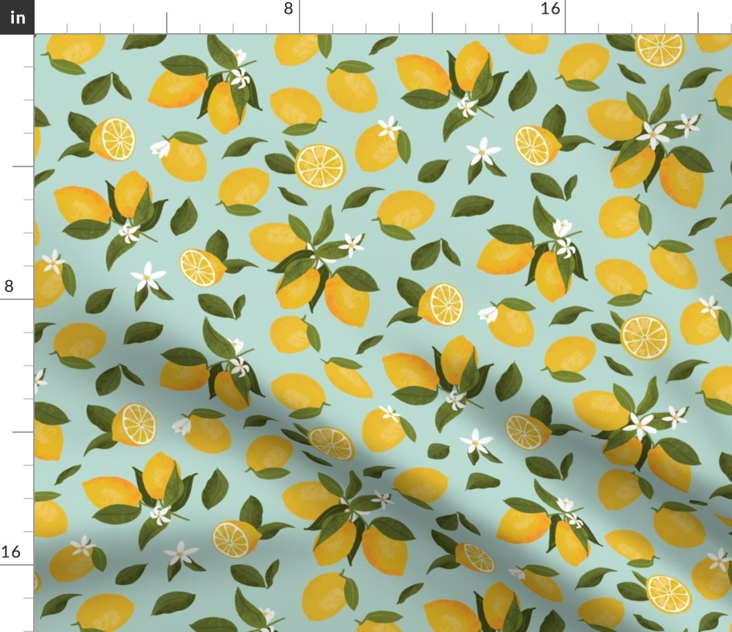 (medium) Yellow lemons with leaves and lemon blossoms on aqua blue, medium scale 